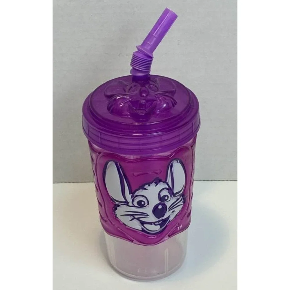 Chuck E Cheese Purple Souvenir Cup Removable Sleeve‎ Lid 2021 Flawed Straw